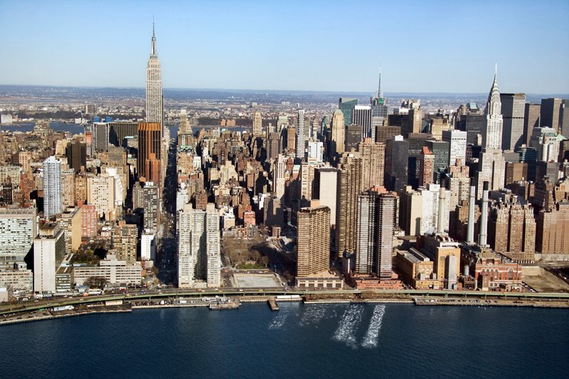 Aerial view of Manhattan and East River in New York City.